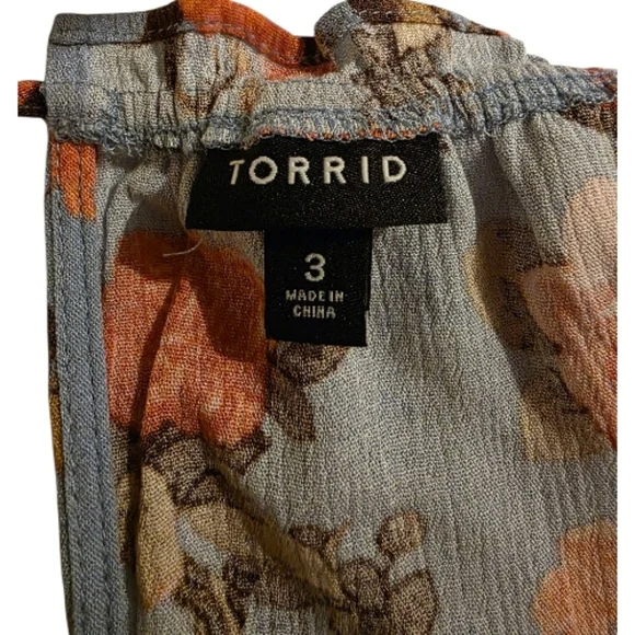 Torrid Babydoll Gauze Short Flutter Sleeve Top Light Blue Pink Floral - Picture 7 of 8